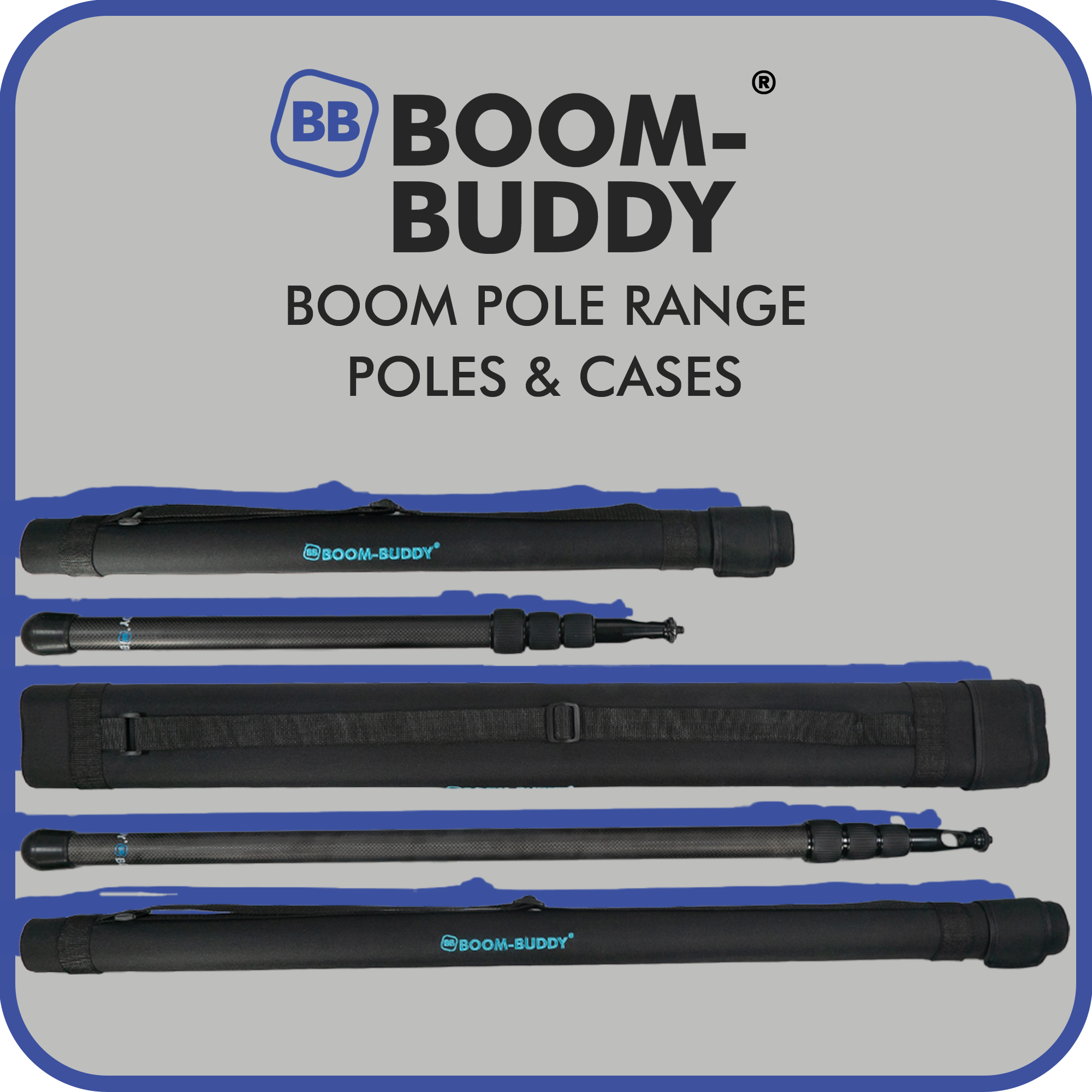 Photo of the Boom-Buddy Boom Poles and Cases next to each other. With Boom-Buddy logo and product titles.
