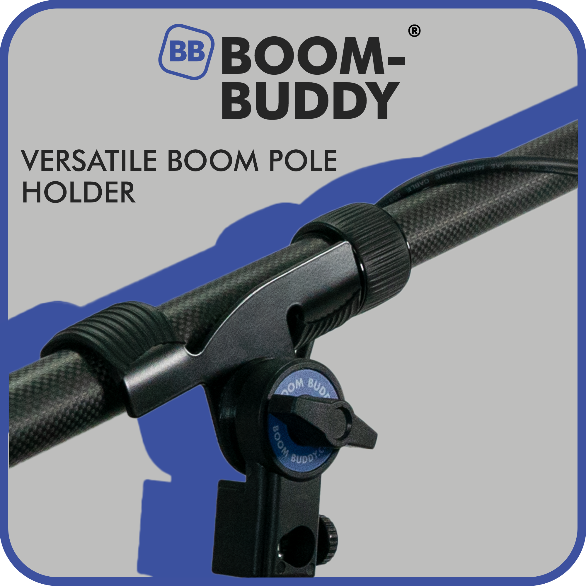 Boom-Buddy Boom Holder Product Image showing the product in use. Displaying logo and title of product along side.