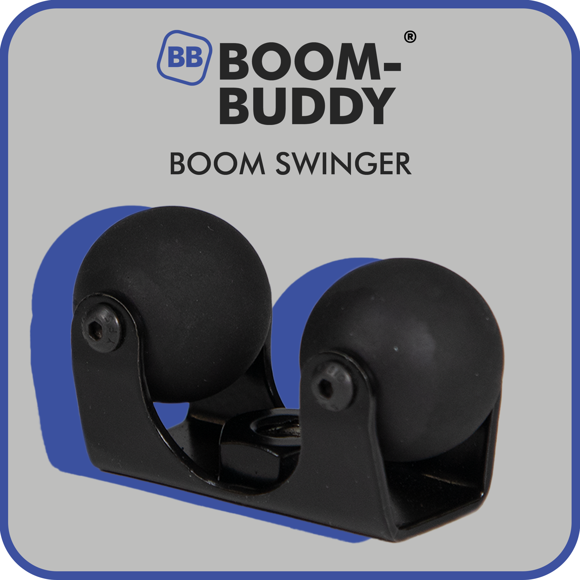 A photo of the Boom-Buddy Boom Swinger next to the Boom-Buddy logo and product title.